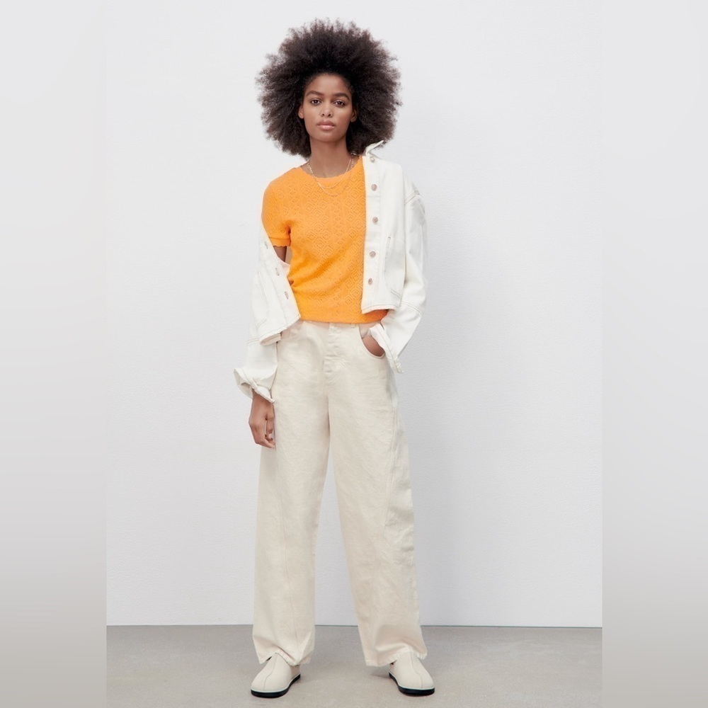 Zara Women’s Tangerine Crochet Cropped T-Shirt Top Sz Small